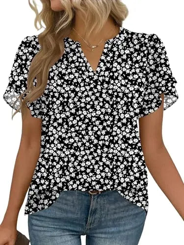 Womens Dressy Casual Shirts Short Sleeve V Neck Work Blouse Business Casual Summer Chiffon Tops