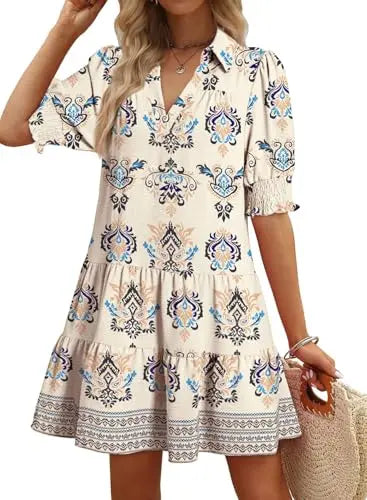 Casual Dresses for Women Lapel Collared V Neck Mid Sleeved Pleated Summer Dresses for Women 2026 Midi Dresses