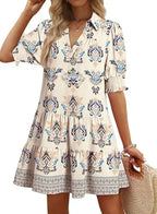 Casual Dresses for Women Lapel Collared V Neck Mid Sleeved Pleated Summer Dresses for Women 2026 Midi Dresses