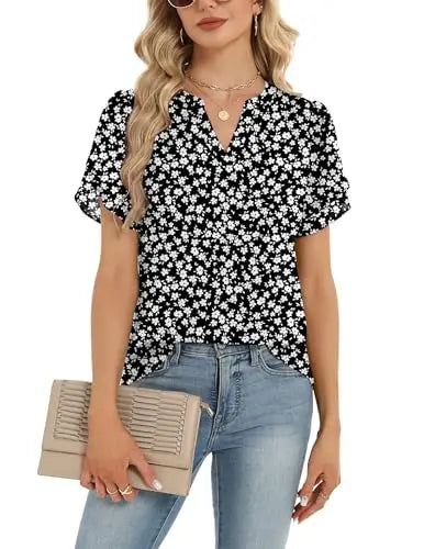 Womens Dressy Casual Shirts Short Sleeve V Neck Work Blouse Business Casual Summer Chiffon Tops