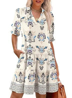 Casual Dresses for Women Lapel Collared V Neck Mid Sleeved Pleated Summer Dresses for Women 2026 Midi Dresses
