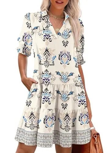 Casual Dresses for Women Lapel Collared V Neck Mid Sleeved Pleated Summer Dresses for Women 2026 Midi Dresses
