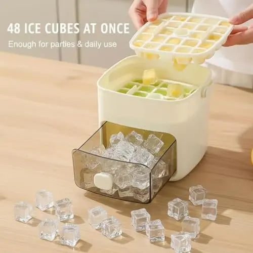 48 Cube Ice Maker with Easy Press Lid, Upgraded Press-Type Ice Cube Tray with Storage Bin & Lid