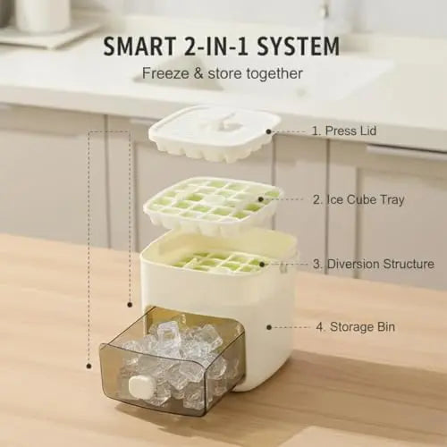 48 Cube Ice Maker with Easy Press Lid, Upgraded Press-Type Ice Cube Tray with Storage Bin & Lid