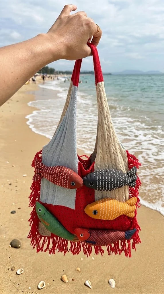 3D Fish Applique Knitted Beach Tote