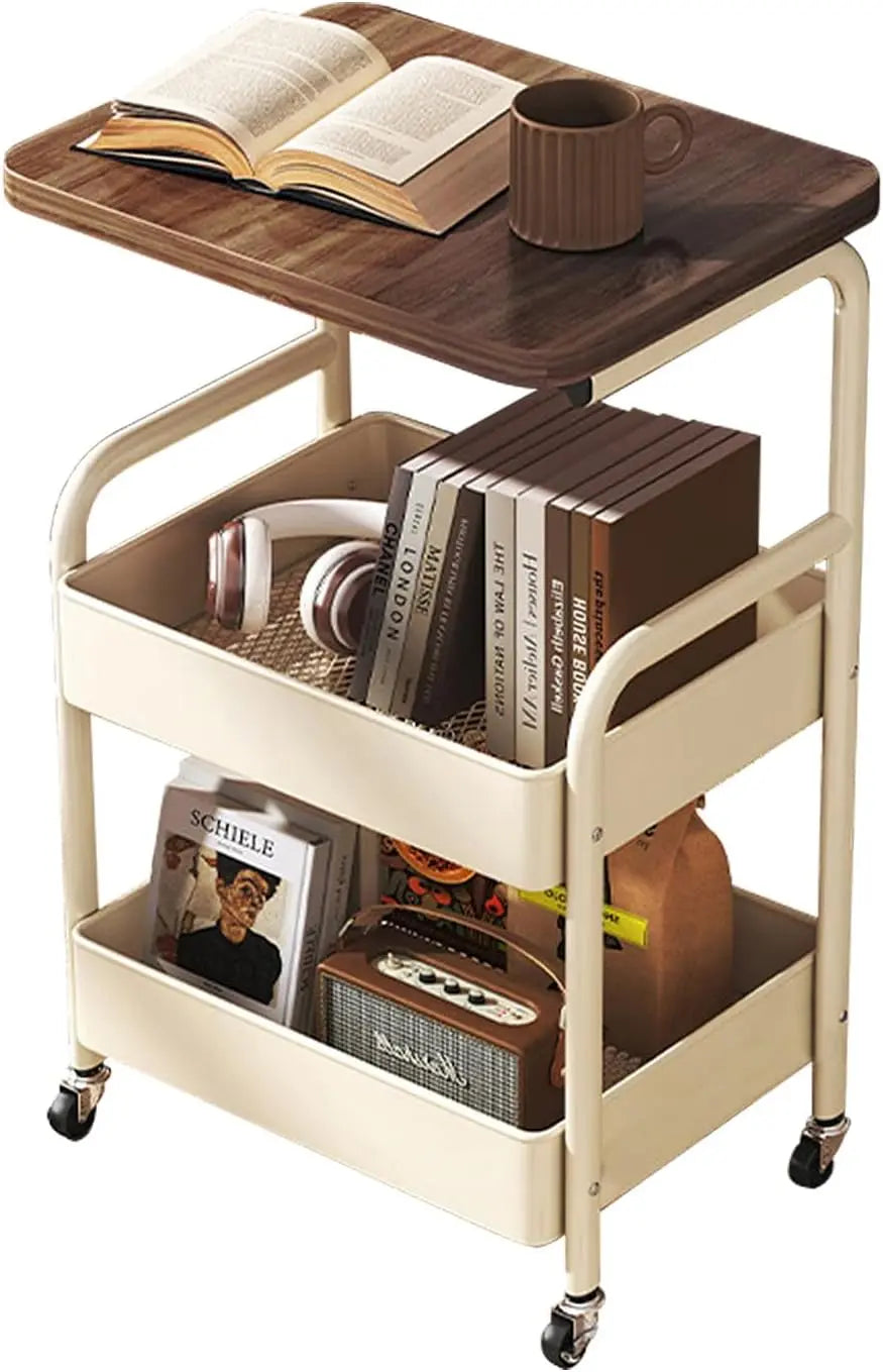 Multifunctional trolley, equipped with wooden shelves and metal baskets, suitable for various scenarios