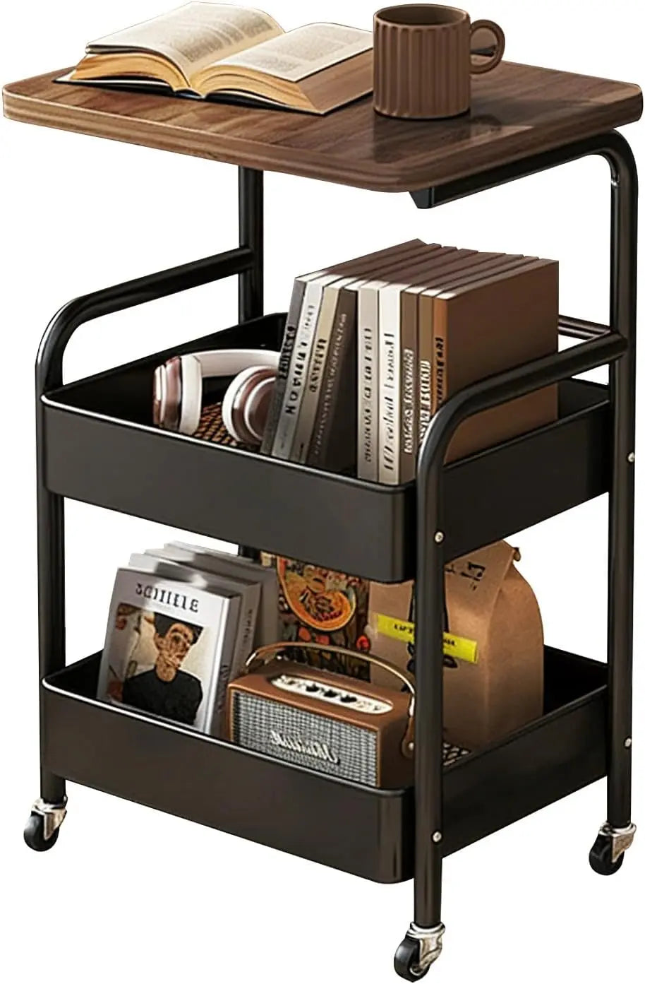 Multifunctional trolley, equipped with wooden shelves and metal baskets, suitable for various scenarios