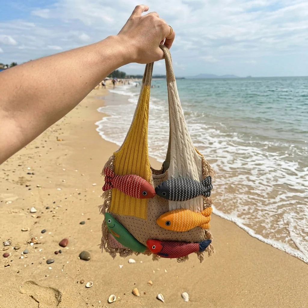 3D Fish Applique Knitted Beach Tote