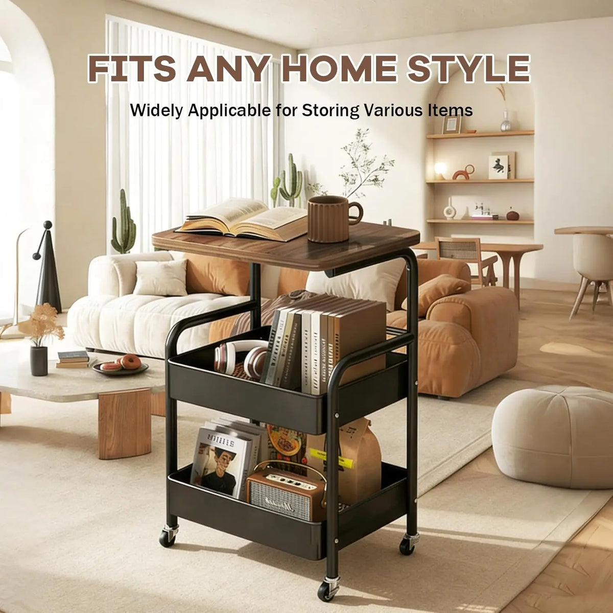 Multifunctional trolley, equipped with wooden shelves and metal baskets, suitable for various scenarios