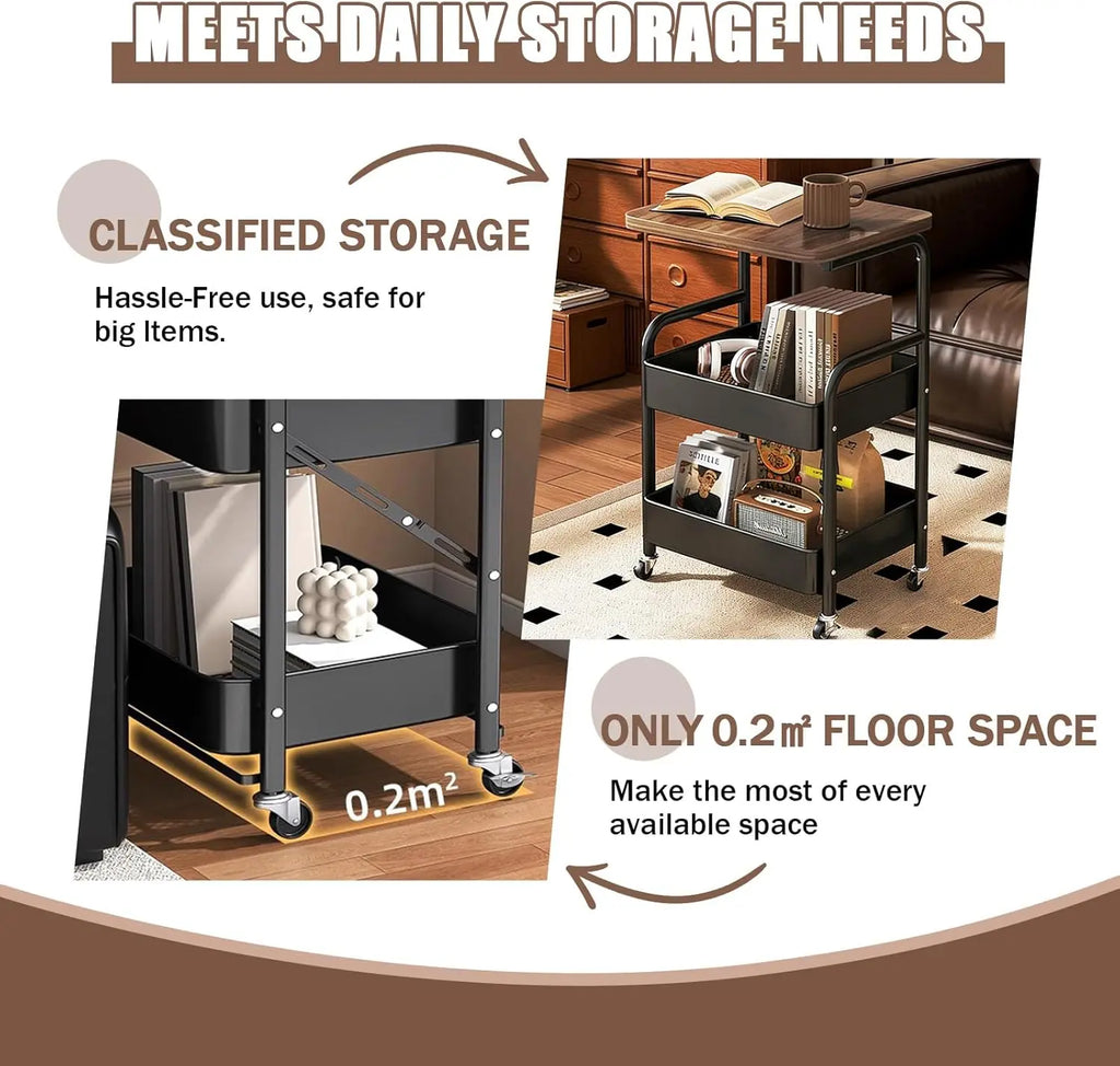 Multifunctional trolley, equipped with wooden shelves and metal baskets, suitable for various scenarios