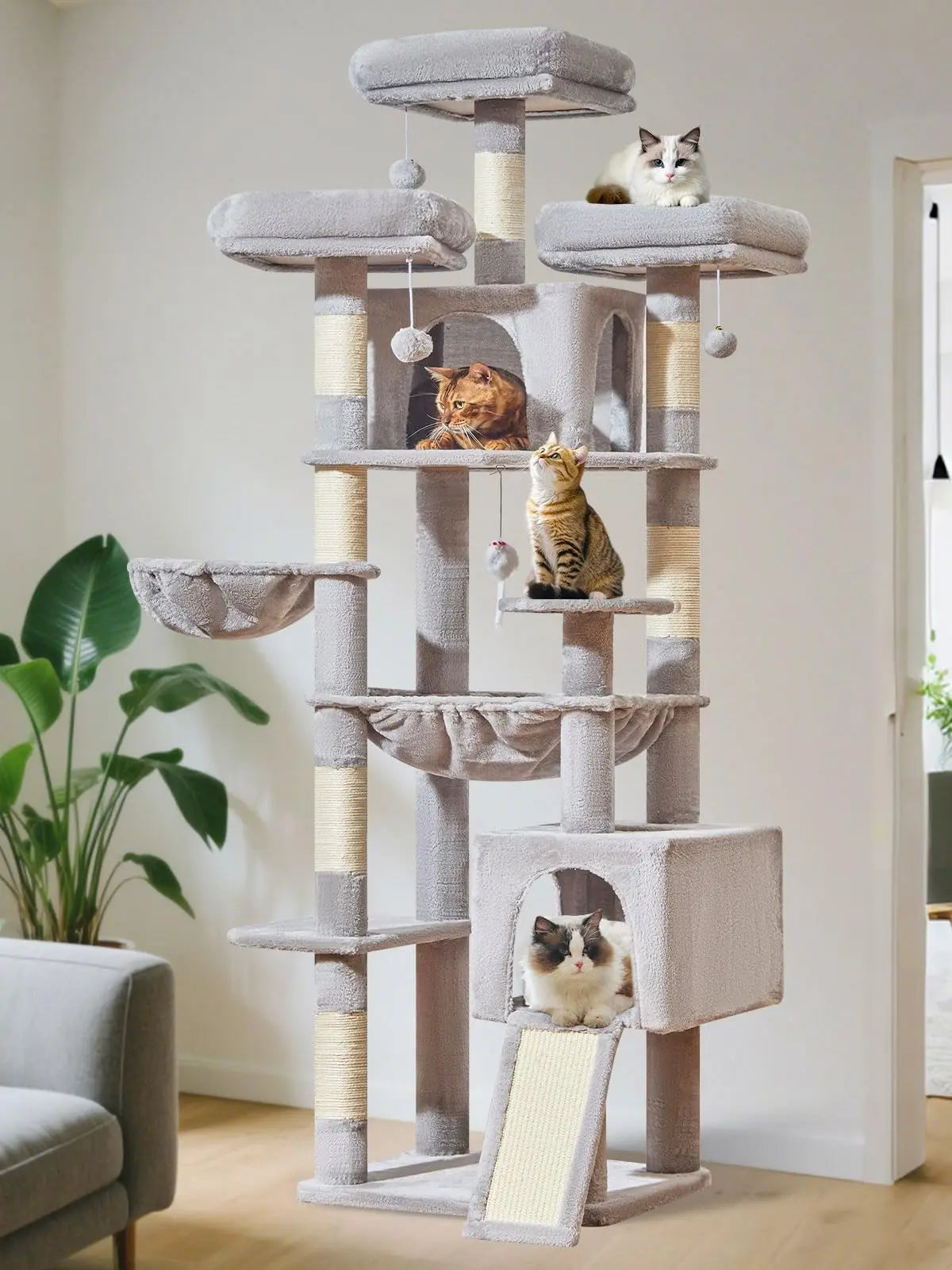Multi-level cat tree featuring 7 sisal scratching posts, a cozy cat bed, a metal hammock, a hanging basket, and 3 perches at the top