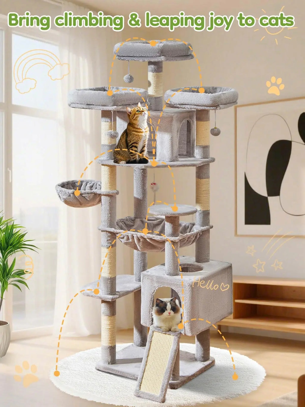 Multi-level cat tree featuring 7 sisal scratching posts, a cozy cat bed, a metal hammock, a hanging basket, and 3 perches at the top