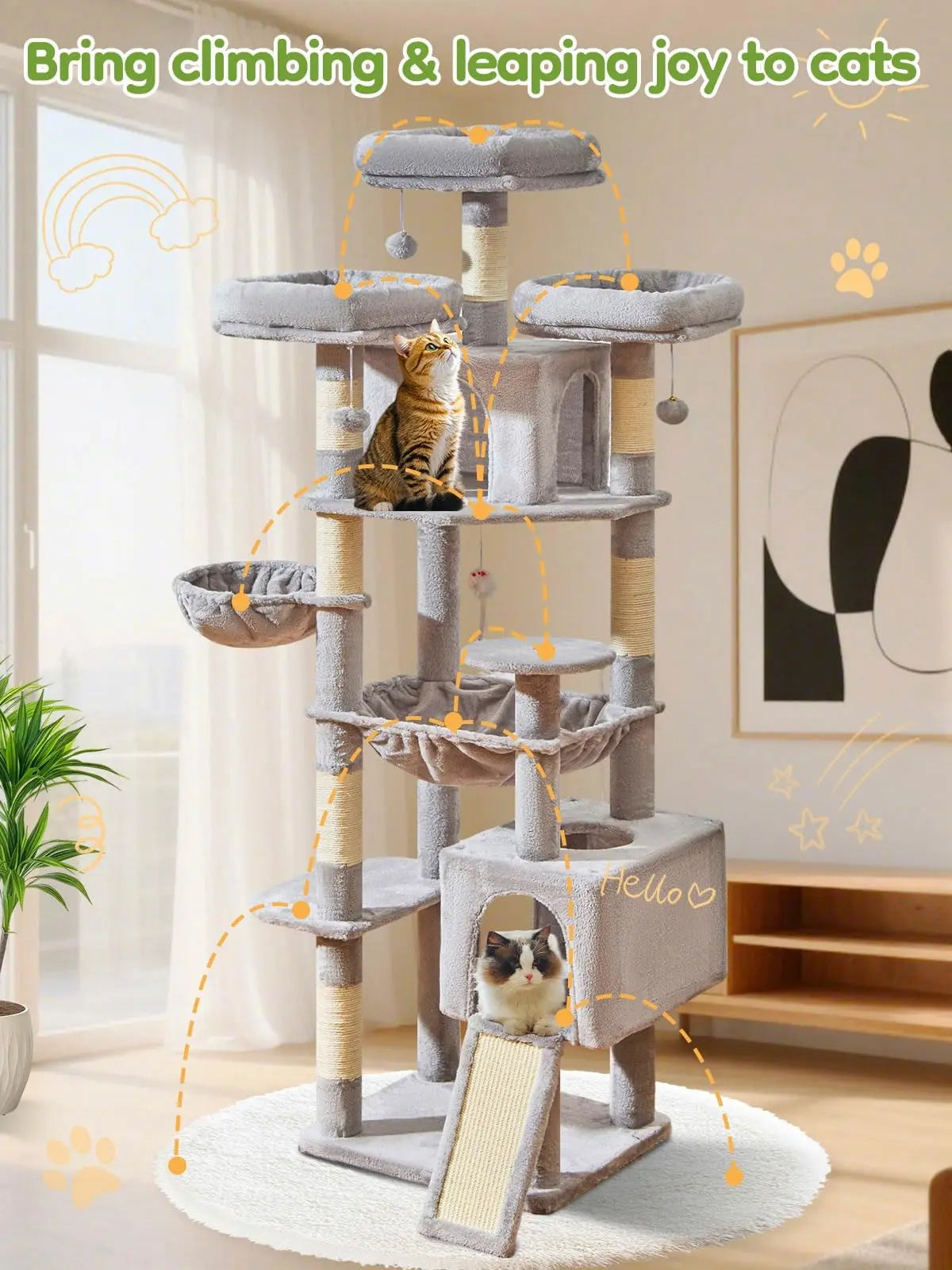 Multi-level cat tree featuring 7 sisal scratching posts, a cozy cat bed, a metal hammock, a hanging basket, and 3 perches at the top