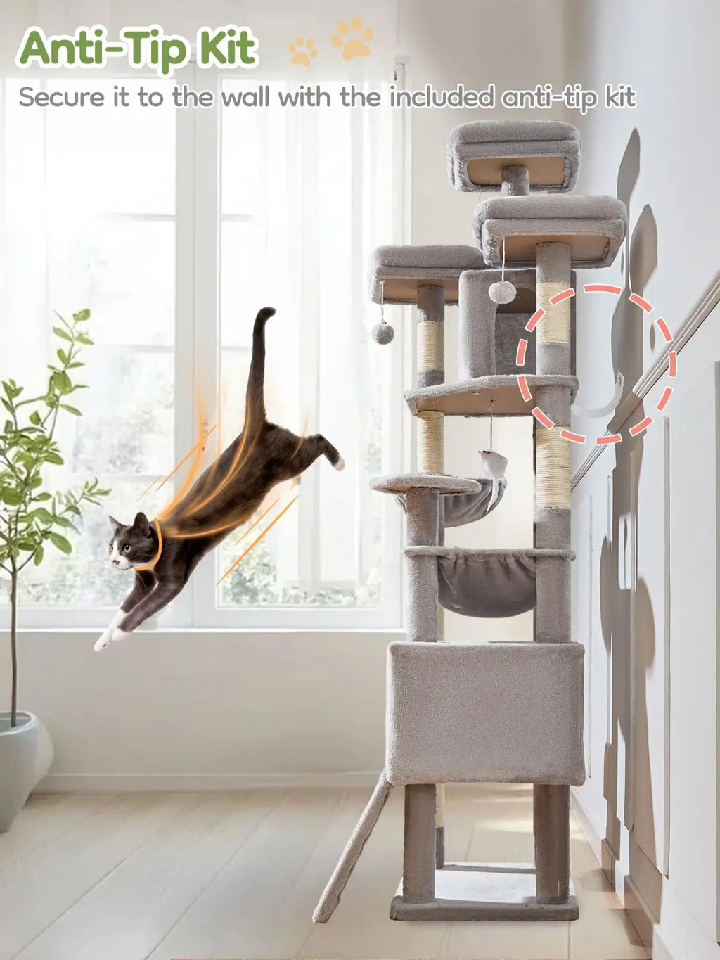 Multi-level cat tree featuring 7 sisal scratching posts, a cozy cat bed, a metal hammock, a hanging basket, and 3 perches at the top