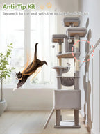 Multi-level cat tree featuring 7 sisal scratching posts, a cozy cat bed, a metal hammock, a hanging basket, and 3 perches at the top