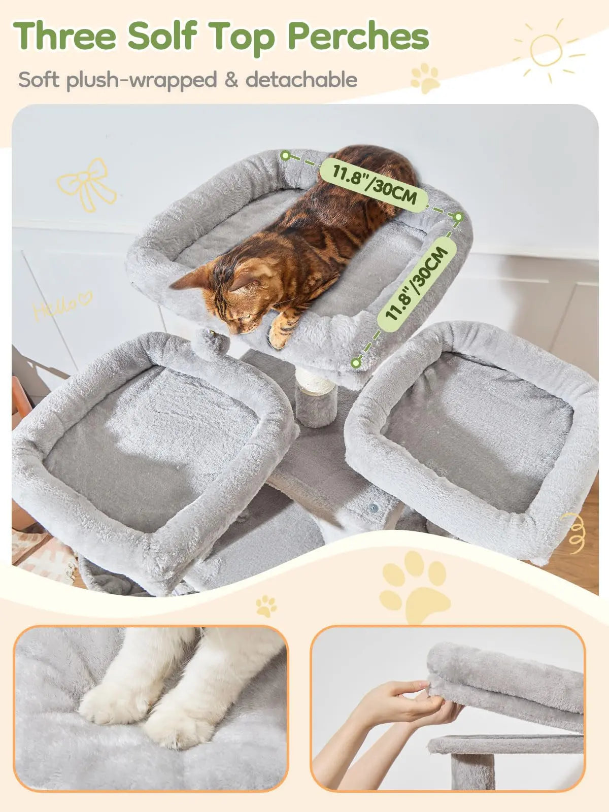 Multi-level cat tree featuring 7 sisal scratching posts, a cozy cat bed, a metal hammock, a hanging basket, and 3 perches at the top