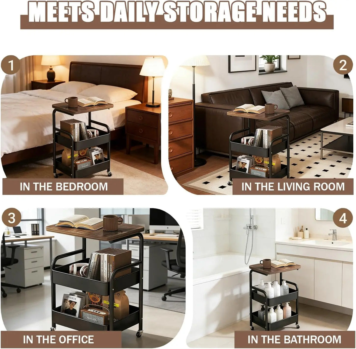 Multifunctional trolley, equipped with wooden shelves and metal baskets, suitable for various scenarios
