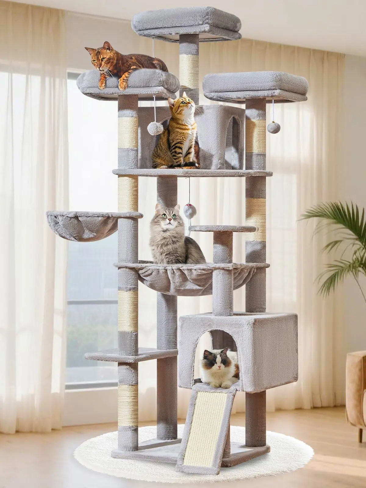Multi-level cat tree featuring 7 sisal scratching posts, a cozy cat bed, a metal hammock, a hanging basket, and 3 perches at the top