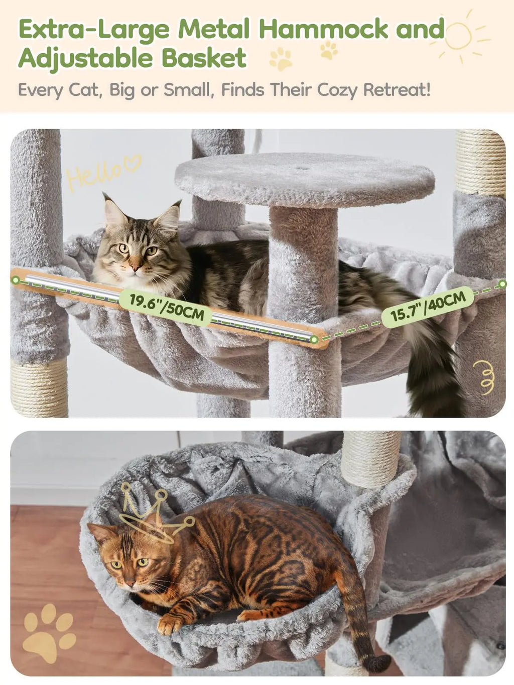 Multi-level cat tree featuring 7 sisal scratching posts, a cozy cat bed, a metal hammock, a hanging basket, and 3 perches at the top