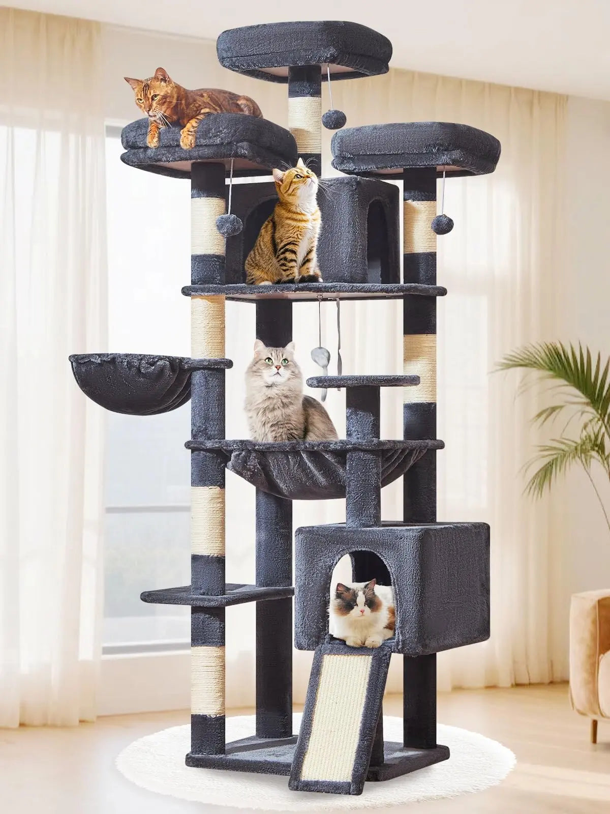 Multi-level cat tree featuring 7 sisal scratching posts, a cozy cat bed, a metal hammock, a hanging basket, and 3 perches at the top
