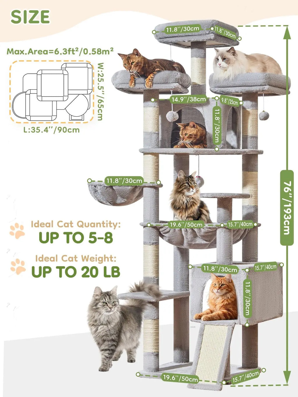Multi-level cat tree featuring 7 sisal scratching posts, a cozy cat bed, a metal hammock, a hanging basket, and 3 perches at the top