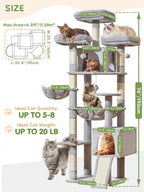Multi-level cat tree featuring 7 sisal scratching posts, a cozy cat bed, a metal hammock, a hanging basket, and 3 perches at the top
