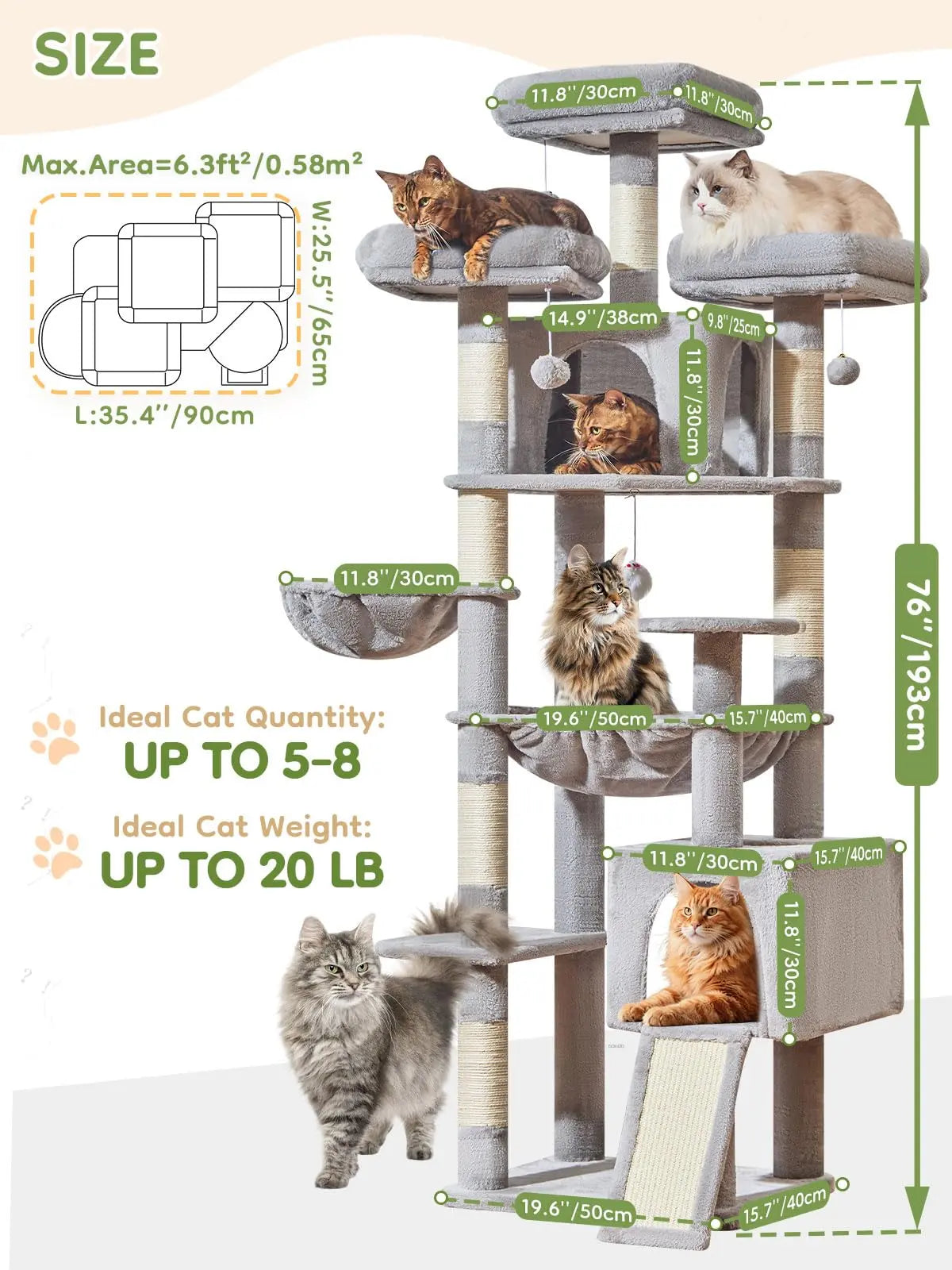 Multi-level cat tree featuring 7 sisal scratching posts, a cozy cat bed, a metal hammock, a hanging basket, and 3 perches at the top