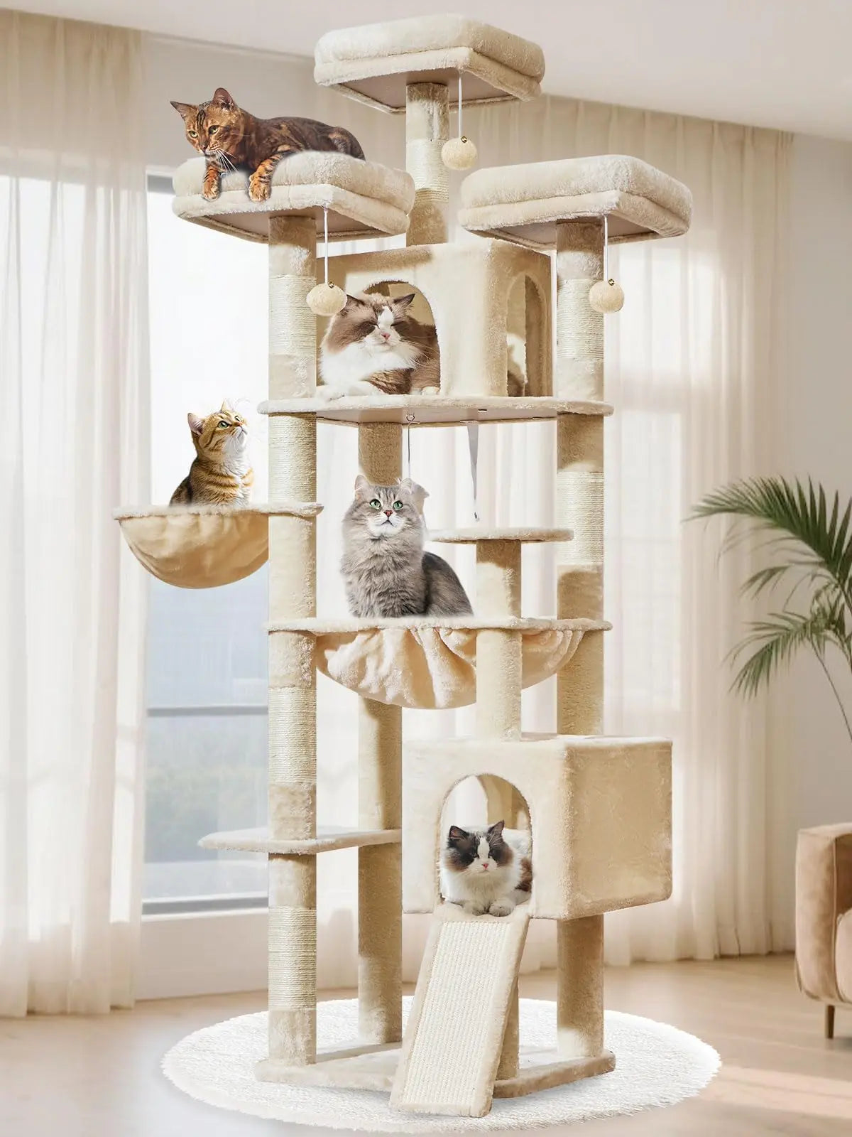 Multi-level cat tree featuring 7 sisal scratching posts, a cozy cat bed, a metal hammock, a hanging basket, and 3 perches at the top