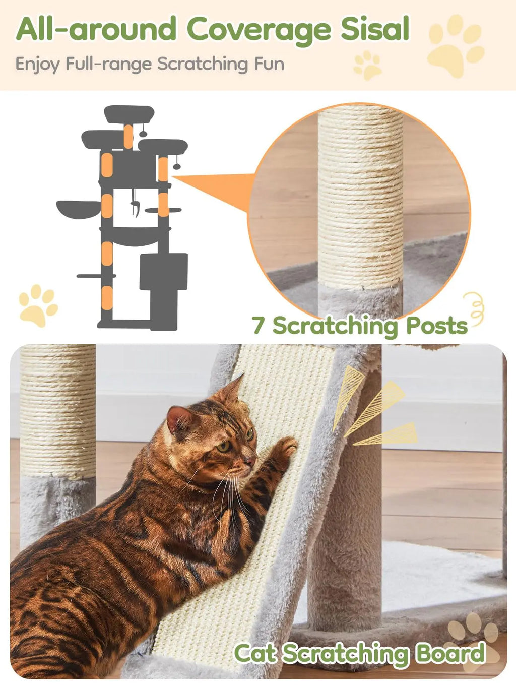 Multi-level cat tree featuring 7 sisal scratching posts, a cozy cat bed, a metal hammock, a hanging basket, and 3 perches at the top