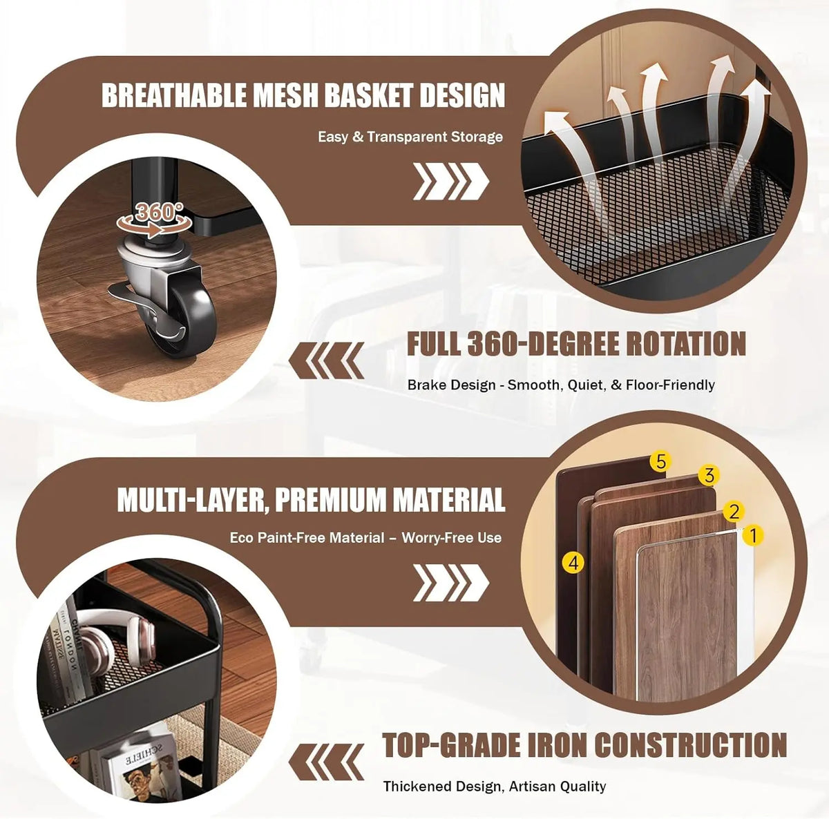 Multifunctional trolley, equipped with wooden shelves and metal baskets, suitable for various scenarios