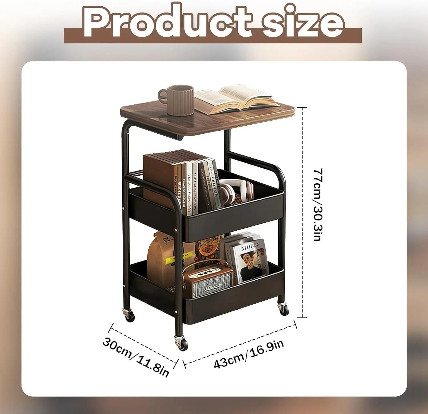 Multifunctional trolley, equipped with wooden shelves and metal baskets, suitable for various scenarios
