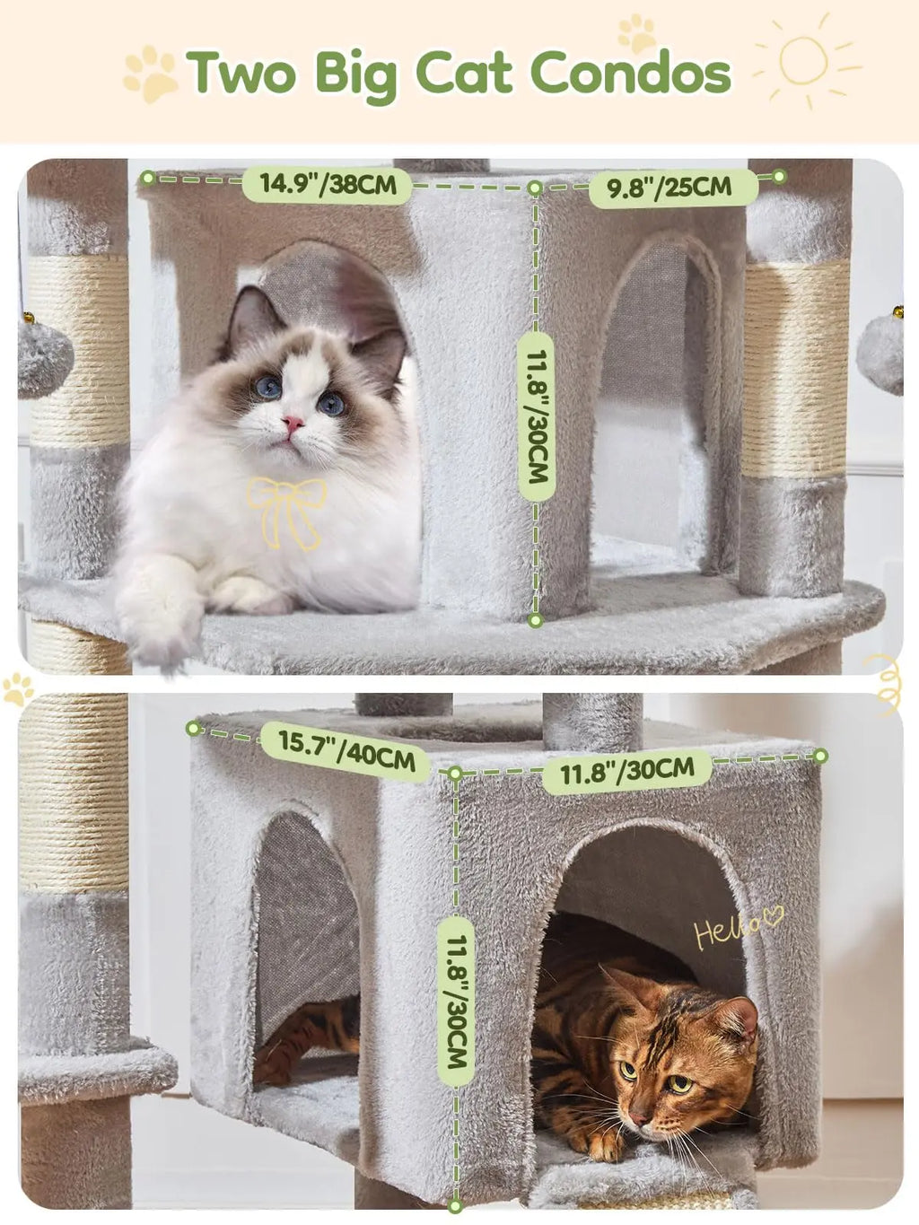 Multi-level cat tree featuring 7 sisal scratching posts, a cozy cat bed, a metal hammock, a hanging basket, and 3 perches at the top