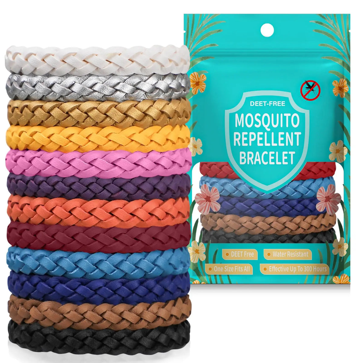 Mosquito Repellent Wristbands, 12-Pack, Natural Ingredients, DEET-Free, 300 Hours of Protection