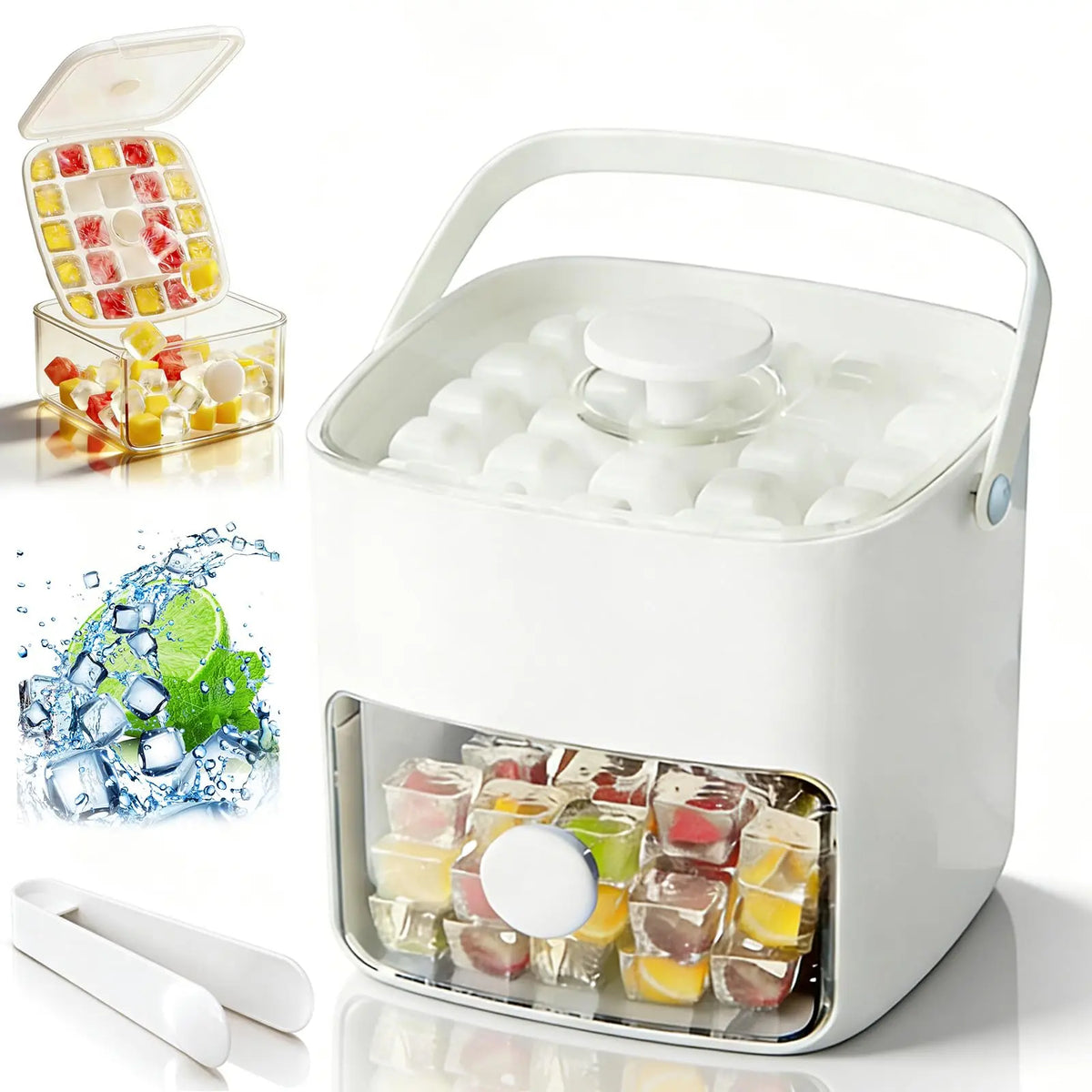 48 Cube Ice Maker with Easy Press Lid, Upgraded Press-Type Ice Cube Tray with Storage Bin & Lid