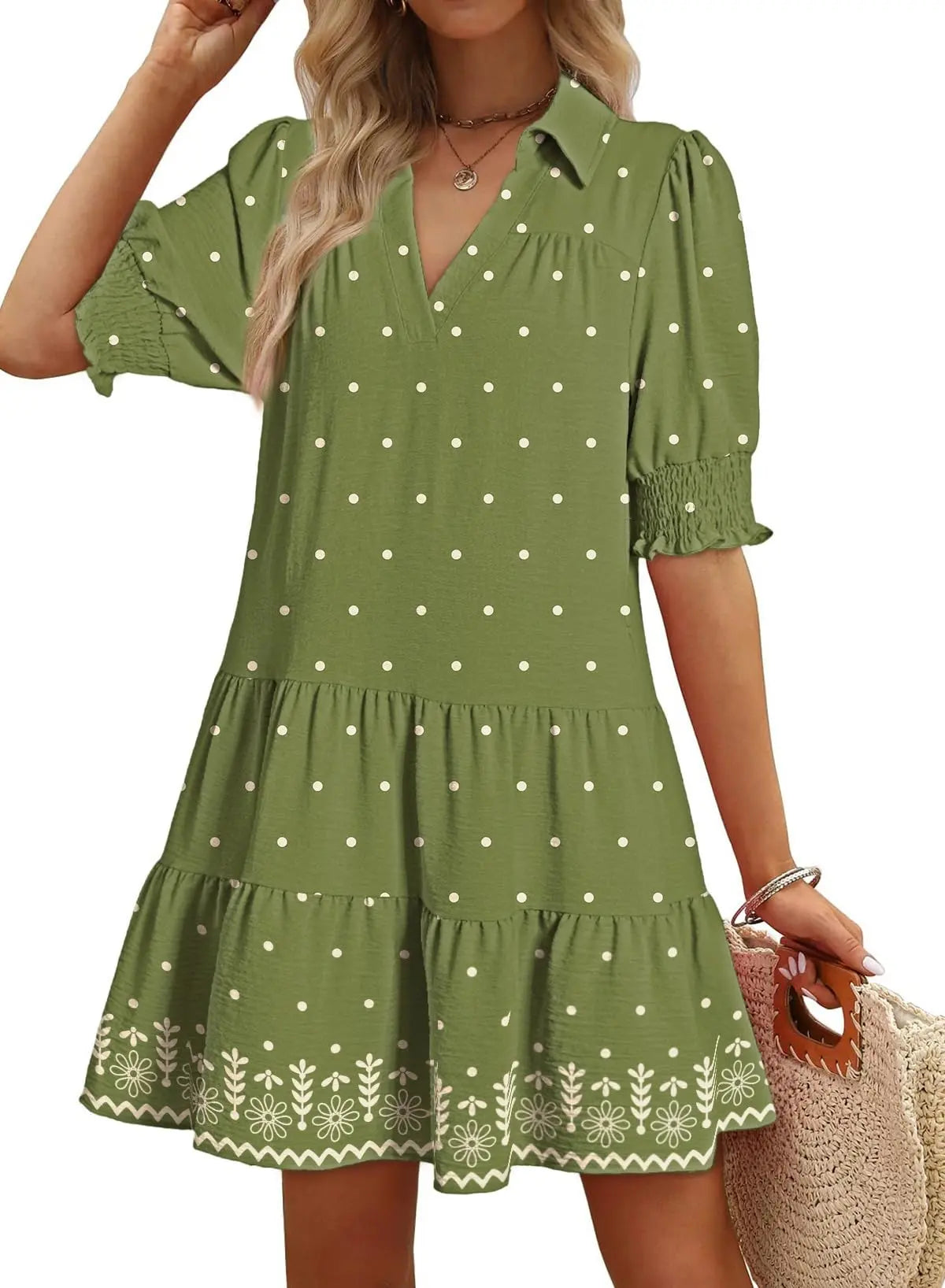 Casual Dresses for Women Lapel Collared V Neck Mid Sleeved Pleated Summer Dresses for Women 2026 Midi Dresses