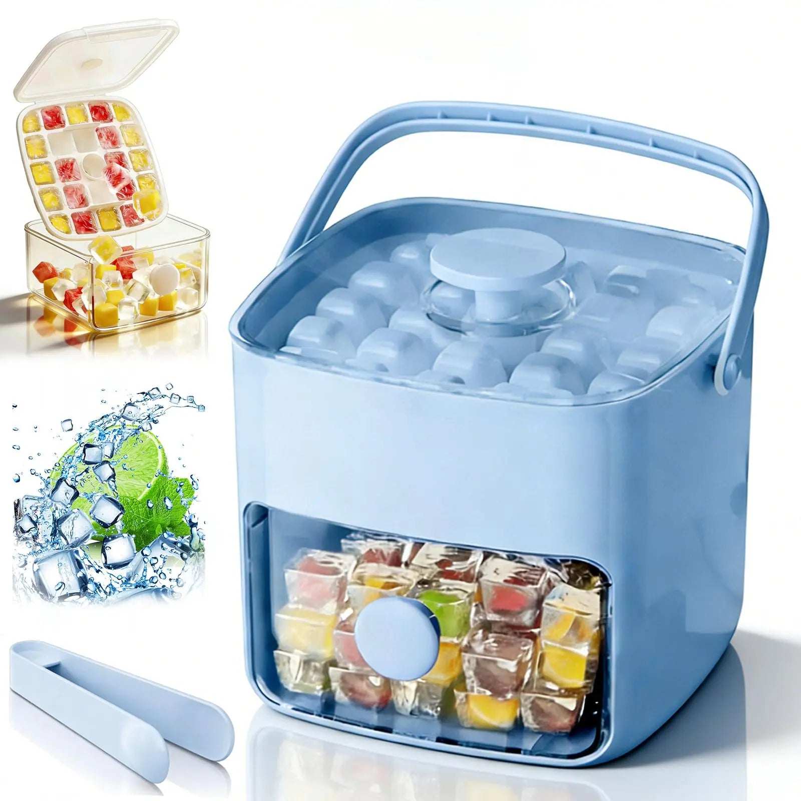 48 Cube Ice Maker with Easy Press Lid, Upgraded Press-Type Ice Cube Tray with Storage Bin & Lid