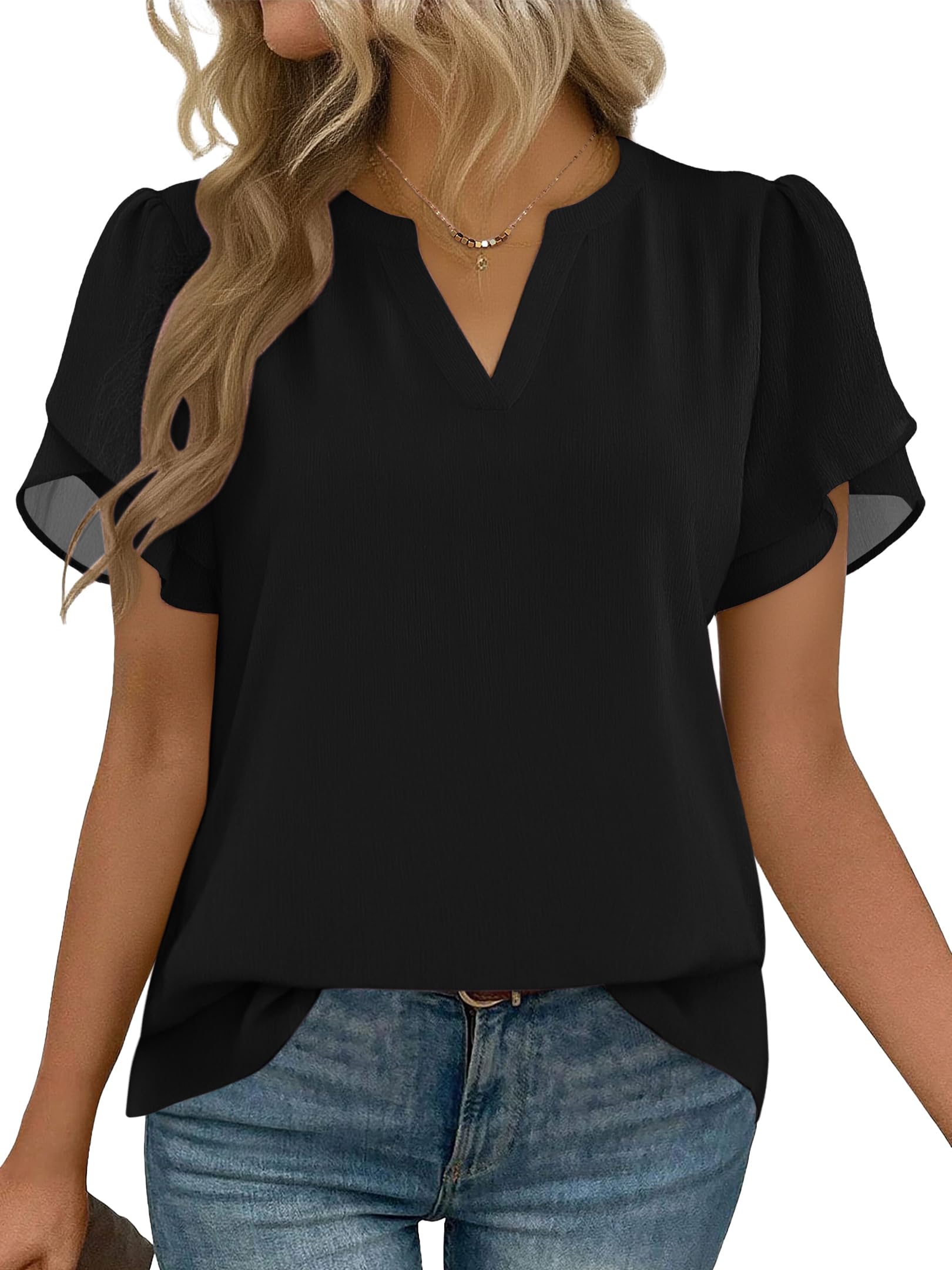 Womens Dressy Casual Shirts Short Sleeve V Neck Work Blouse Business Casual Summer Chiffon Tops