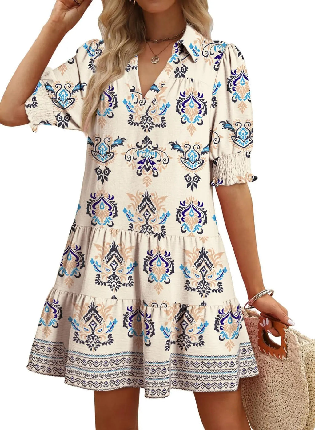 Casual Dresses for Women Lapel Collared V Neck Mid Sleeved Pleated Summer Dresses for Women 2026 Midi Dresses