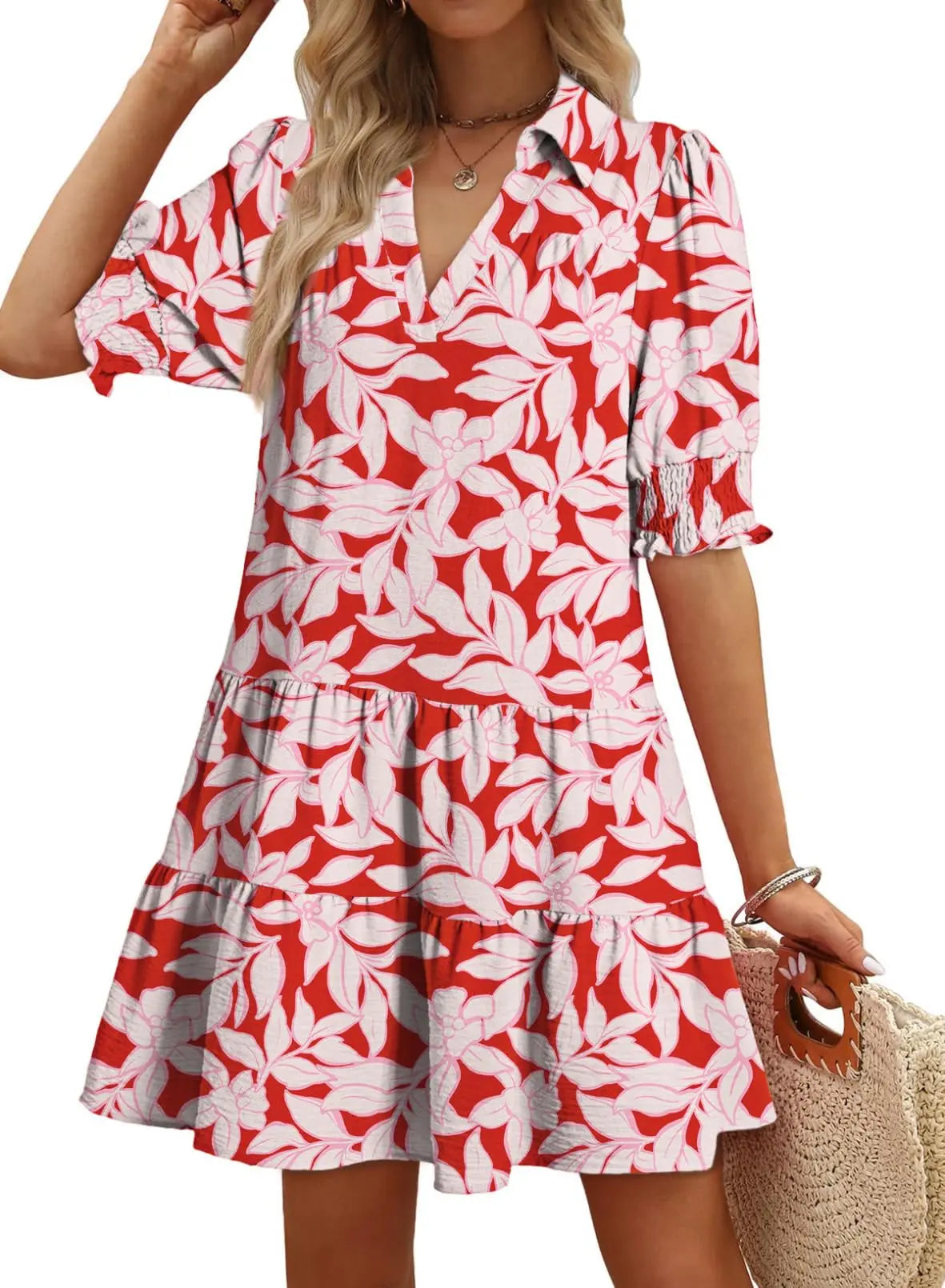 Casual Dresses for Women Lapel Collared V Neck Mid Sleeved Pleated Summer Dresses for Women 2026 Midi Dresses