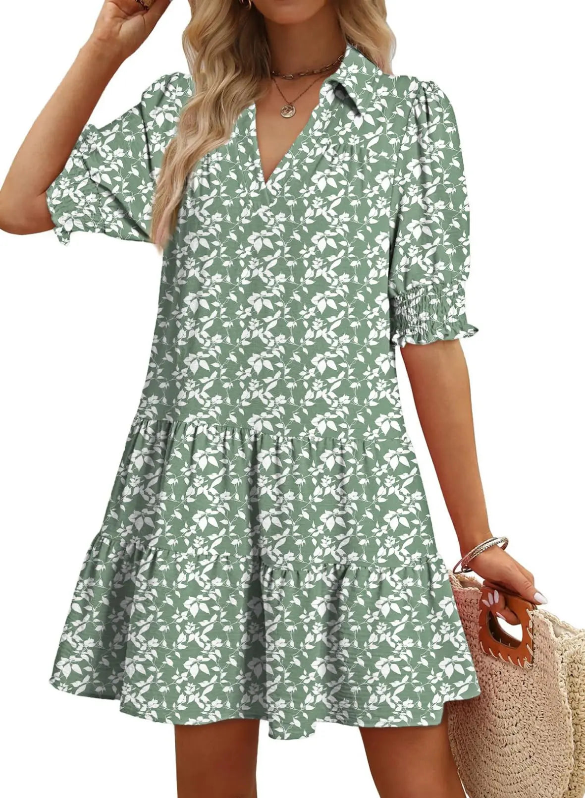 Casual Dresses for Women Lapel Collared V Neck Mid Sleeved Pleated Summer Dresses for Women 2026 Midi Dresses