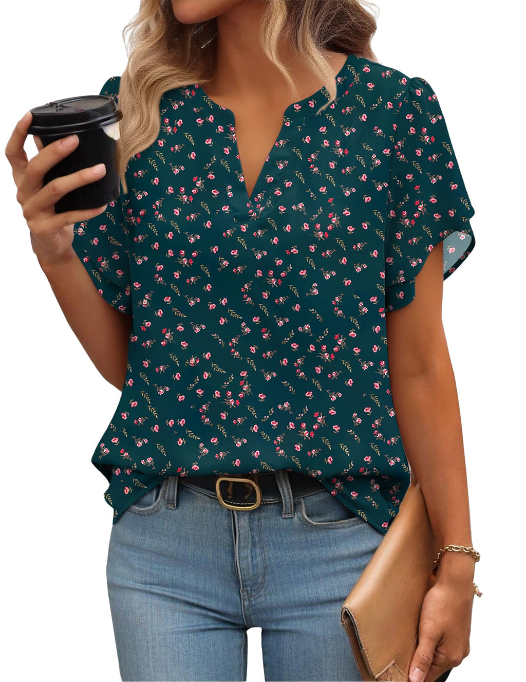 Womens Dressy Casual Shirts Short Sleeve V Neck Work Blouse Business Casual Summer Chiffon Tops