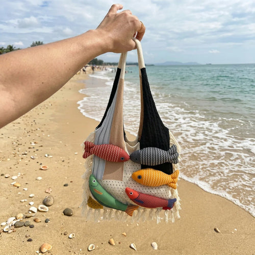3D Fish Applique Knitted Beach Tote