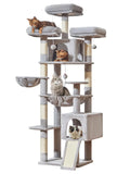 Multi-level cat tree featuring 7 sisal scratching posts, a cozy cat bed, a metal hammock, a hanging basket, and 3 perches at the top