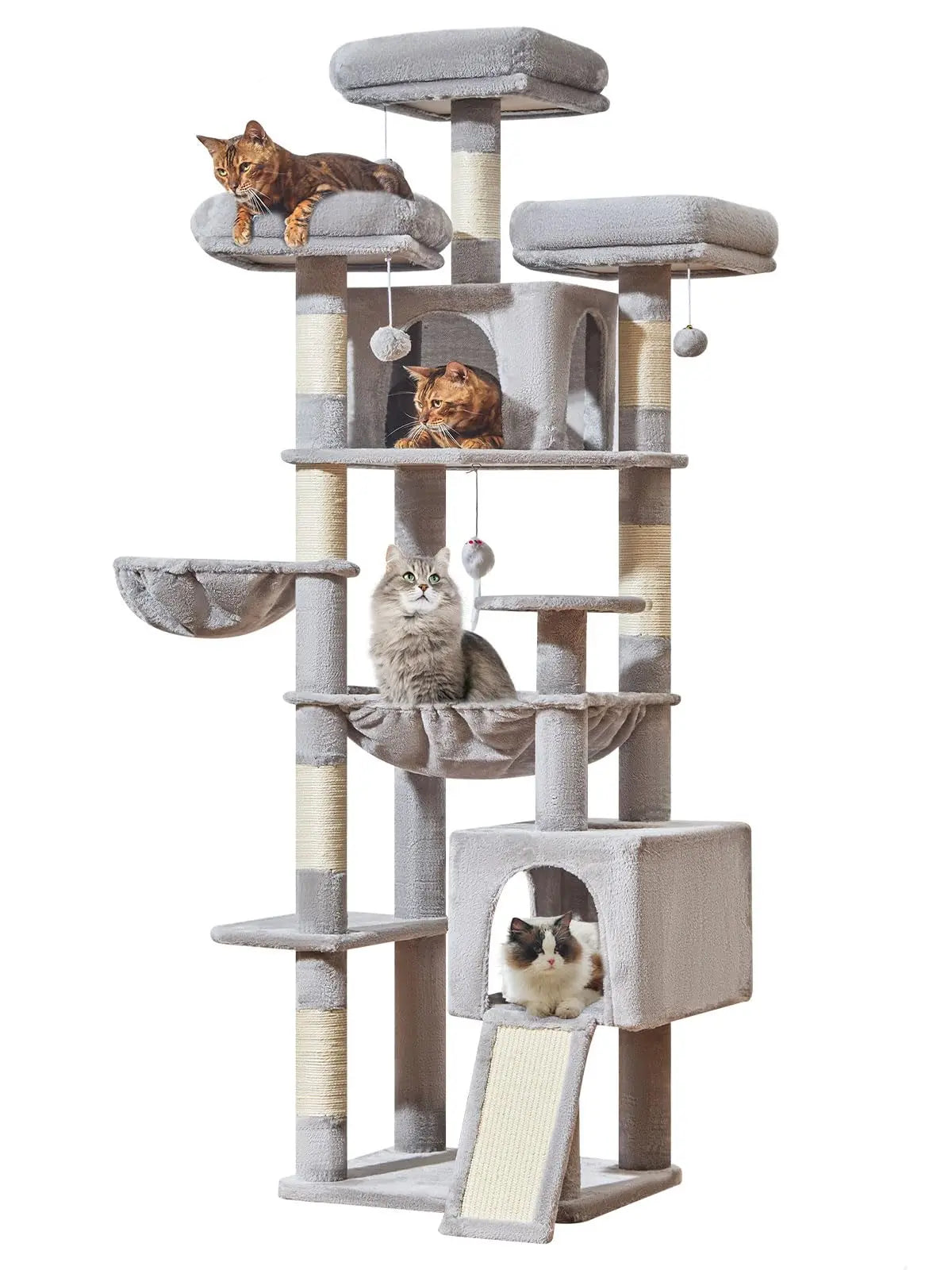 Multi-level cat tree featuring 7 sisal scratching posts, a cozy cat bed, a metal hammock, a hanging basket, and 3 perches at the top